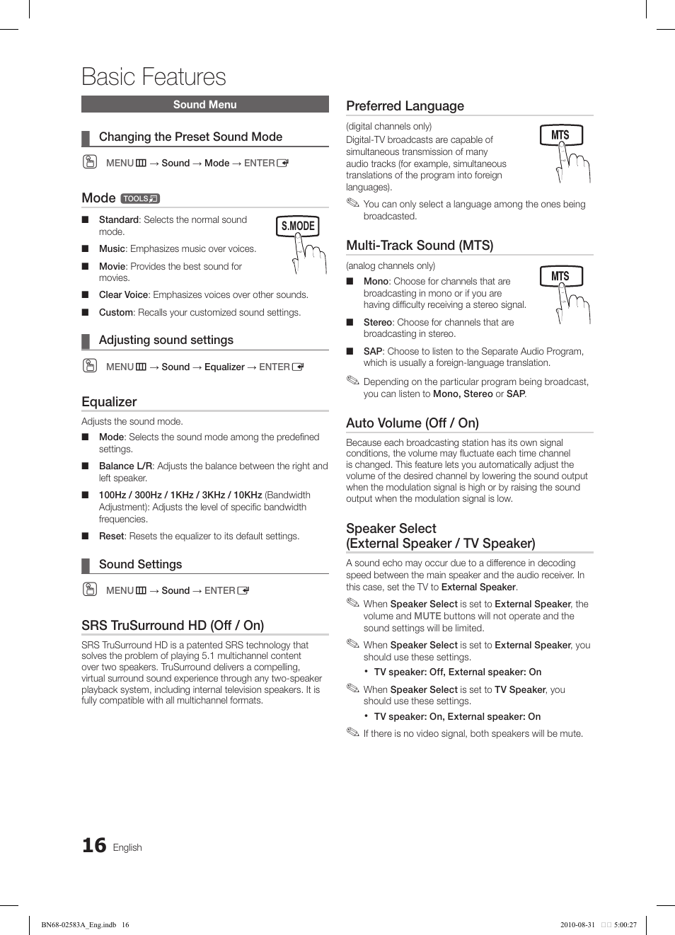 Basic features | Samsung LN22C450E1DXZA User Manual | Page 16 / 37