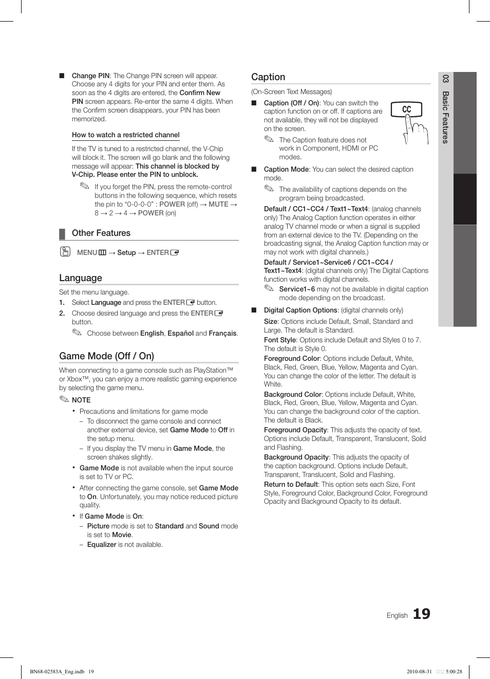 Language, Game mode (off / on), Caption | Samsung LN22C450E1DXZA User Manual | Page 19 / 37