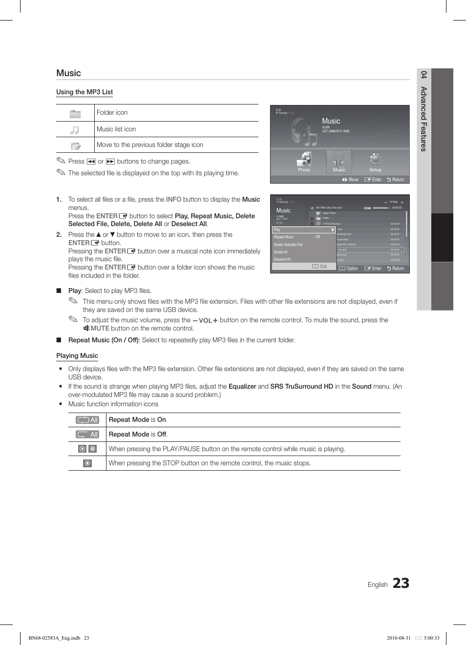 Music, 04 advanced featur es, Photo | English | Samsung LN22C450E1DXZA User Manual | Page 23 / 37