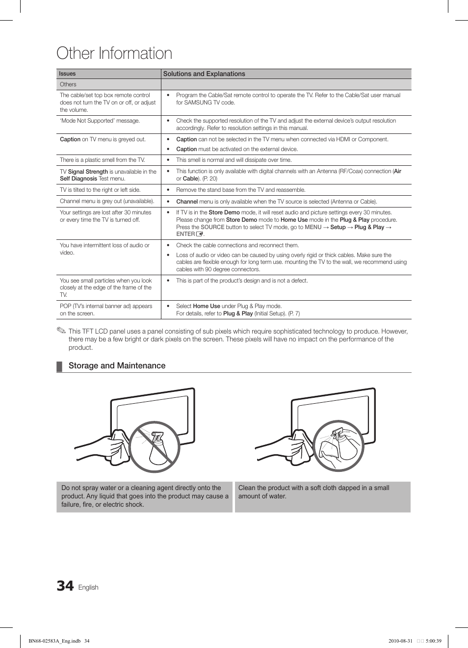 Other information, Storage and maintenance | Samsung LN22C450E1DXZA User Manual | Page 34 / 37