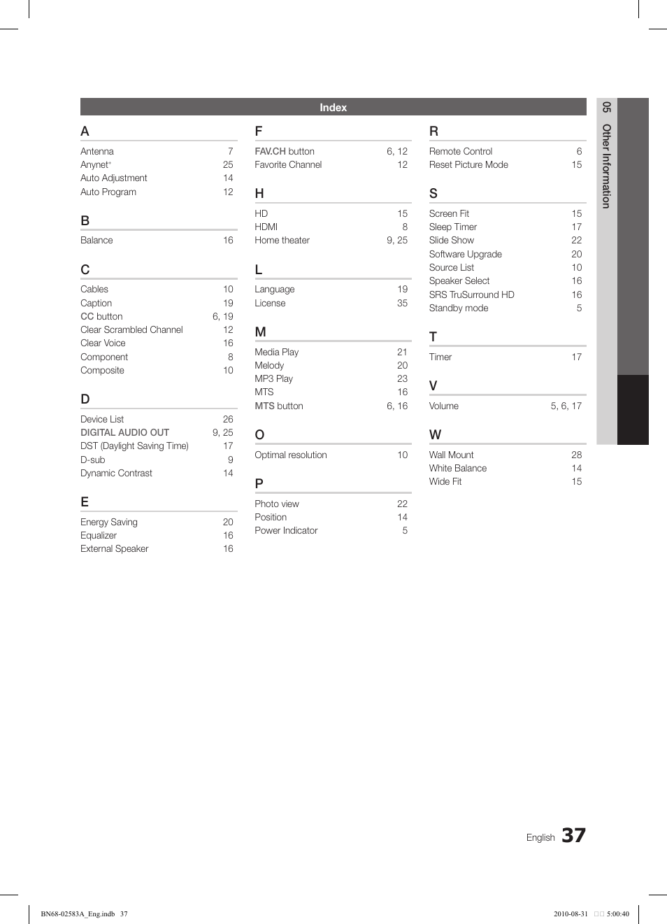 Samsung LN22C450E1DXZA User Manual | Page 37 / 37