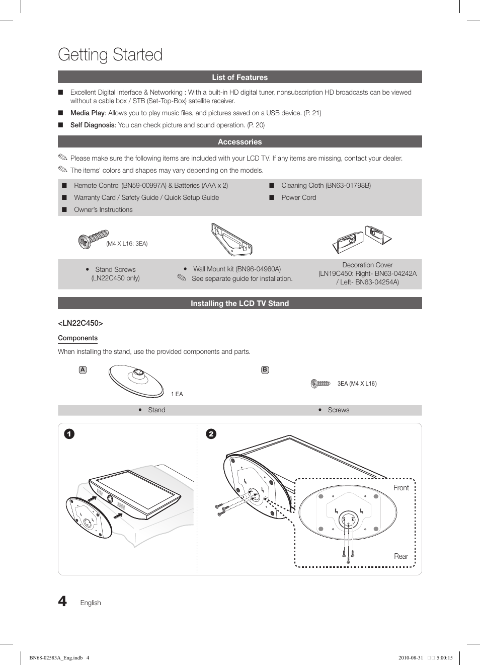 Getting started | Samsung LN22C450E1DXZA User Manual | Page 4 / 37