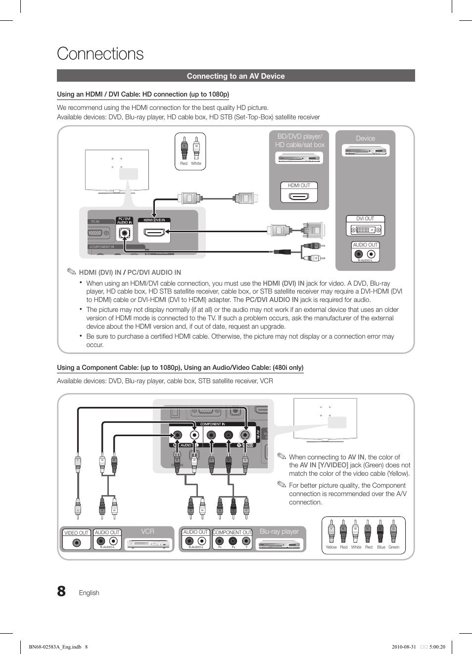 Connections, Connecting to an av device, Bd/dvd player/ hd cable/sat box | Blu-ray player, When connecting to, Connection is recommended over the a/v connection, English | Samsung LN22C450E1DXZA User Manual | Page 8 / 37