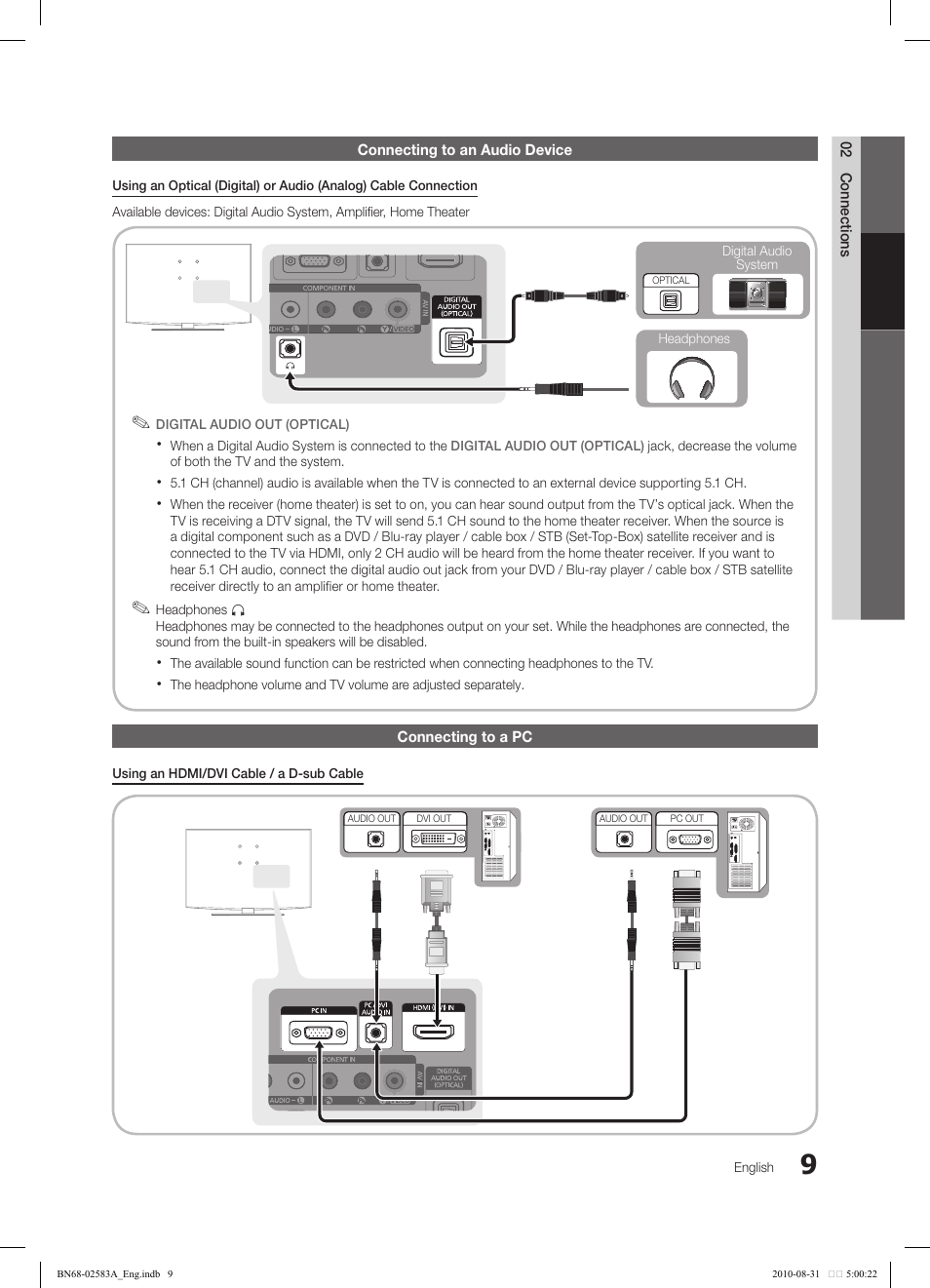 02 connections connecting to an audio device, Connecting to a pc | Samsung LN22C450E1DXZA User Manual | Page 9 / 37