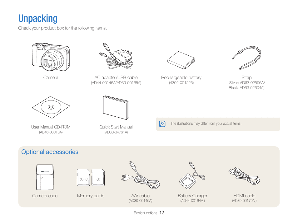 Unpacking, Unpacking …………………………………………………12, Optional accessories | Samsung EC-HZ30WZBPBUS User Manual | Page 13 / 109