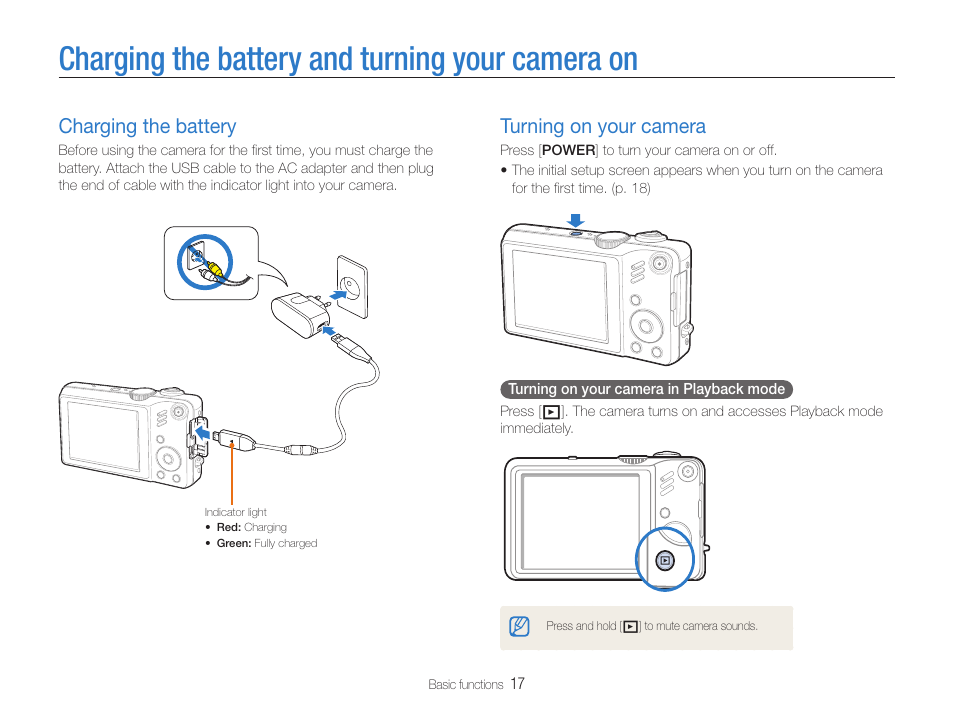 Charging the battery and turning your camera on, Charging the battery, Turning on your camera | Charging the battery turning on your camera, Charging the battery ………………………………………… 17, Turning on your camera …………………………………… 17 | Samsung EC-HZ30WZBPBUS User Manual | Page 18 / 109