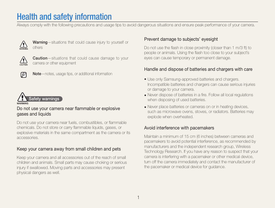 Health and safety information | Samsung EC-HZ30WZBPBUS User Manual | Page 2 / 109
