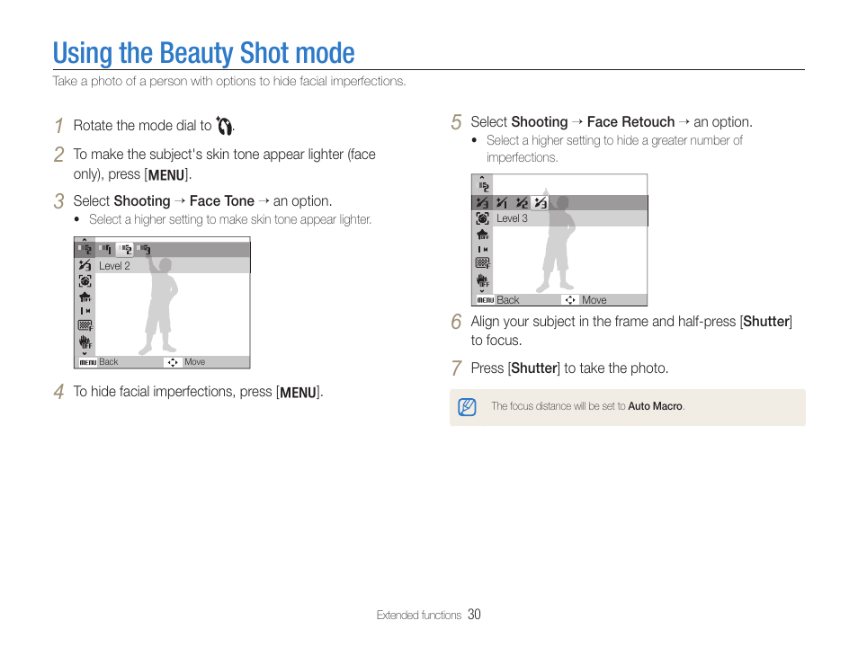 Using the beauty shot mode, Using the beauty shot mode using the scene mode, Using the beauty shot mode ……………………………30 | Using the scene mode ……………………………………31 | Samsung EC-HZ30WZBPBUS User Manual | Page 31 / 109