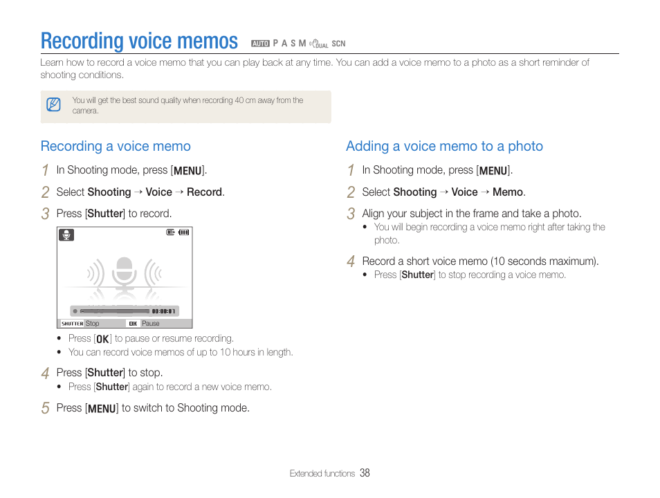 Recording voice memos, Recording a voice memo, Adding a voice memo to a photo | Recording voice memos …………………………………38, Recording a voice memo …………………………………… 38, Adding a voice memo to a photo …………………………… 38 | Samsung EC-HZ30WZBPBUS User Manual | Page 39 / 109