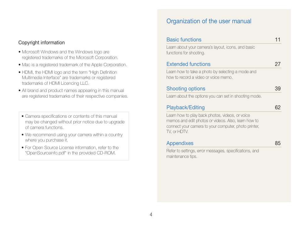 Organization of the user manual | Samsung EC-HZ30WZBPBUS User Manual | Page 5 / 109