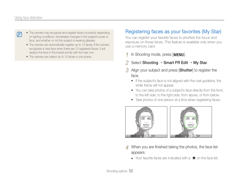 Registering faces as your favorites (my star) | Samsung EC-HZ30WZBPBUS User Manual | Page 54 / 109