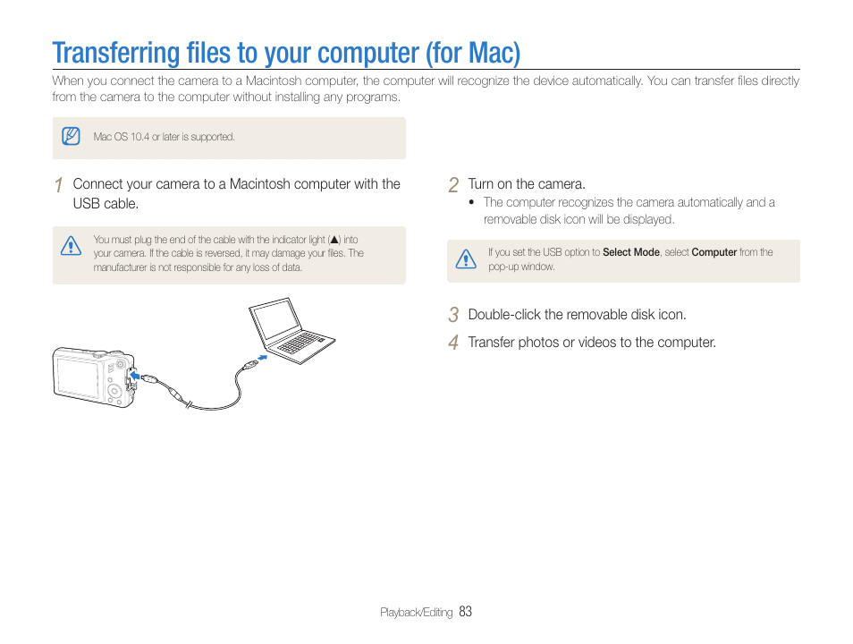 Transferring files to your computer (for mac), Transferring ﬁles to your computer (for mac) | Samsung EC-HZ30WZBPBUS User Manual | Page 84 / 109