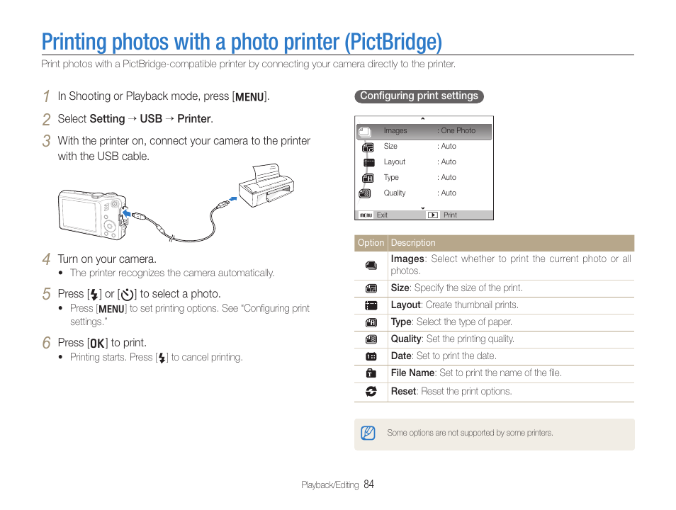 Printing photos with a photo printer (pictbridge) | Samsung EC-HZ30WZBPBUS User Manual | Page 85 / 109