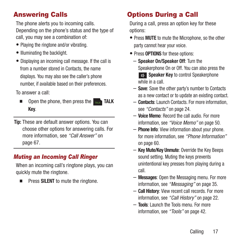 Answering calls, Options during a call, Answering calls options during a call | Samsung SPH-M270ZKAVMU User Manual | Page 21 / 109