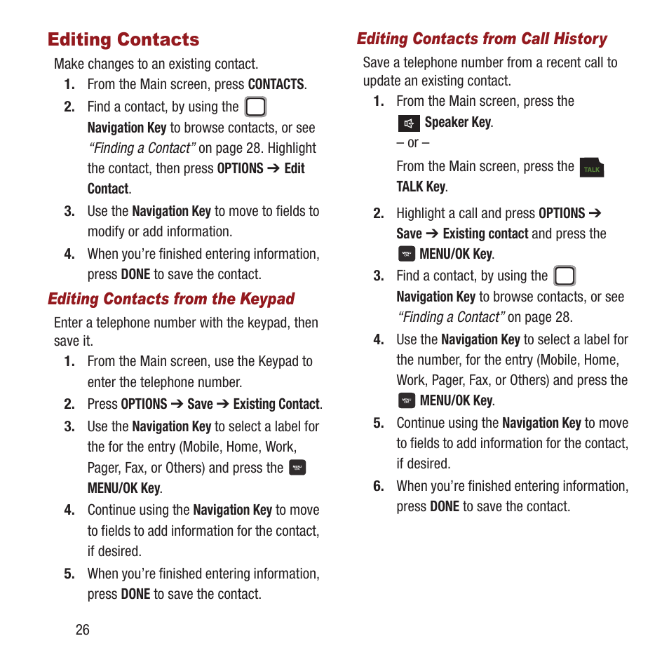 Editing contacts | Samsung SPH-M270ZKAVMU User Manual | Page 30 / 109