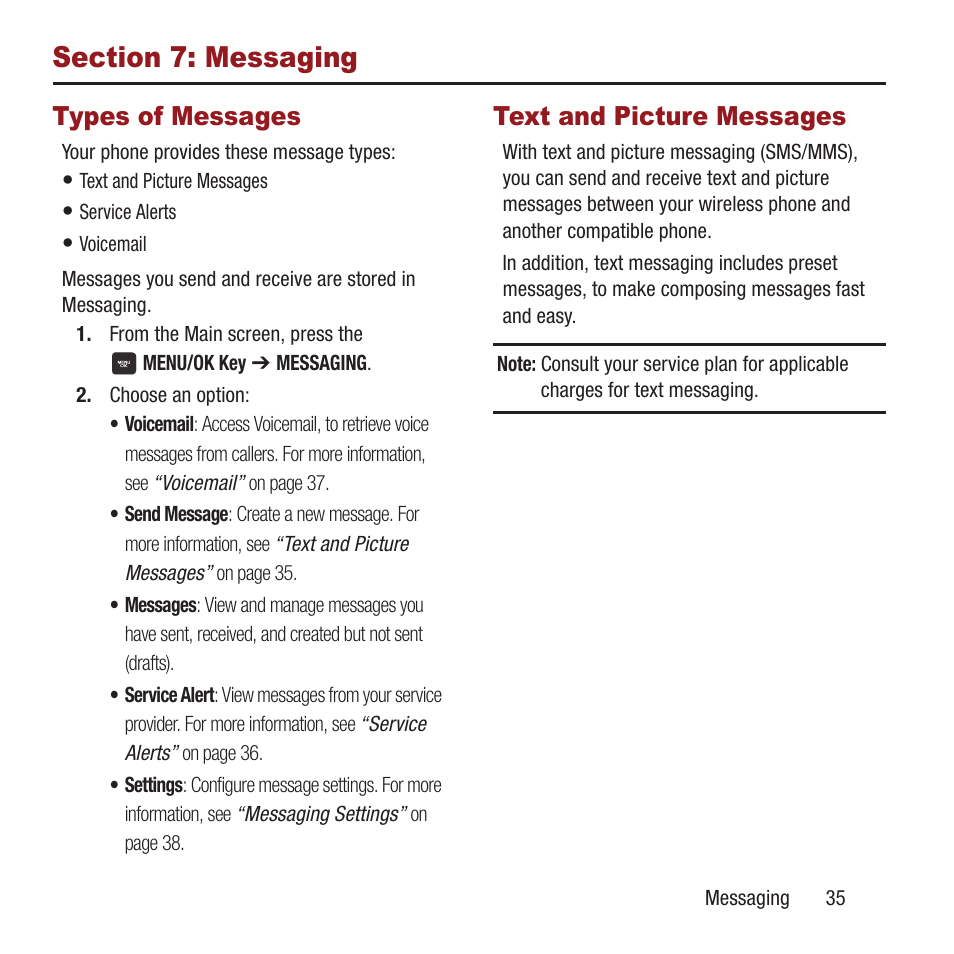 Section 7: messaging, Types of messages, Text and picture messages | Types of messages text and picture messages | Samsung SPH-M270ZKAVMU User Manual | Page 39 / 109