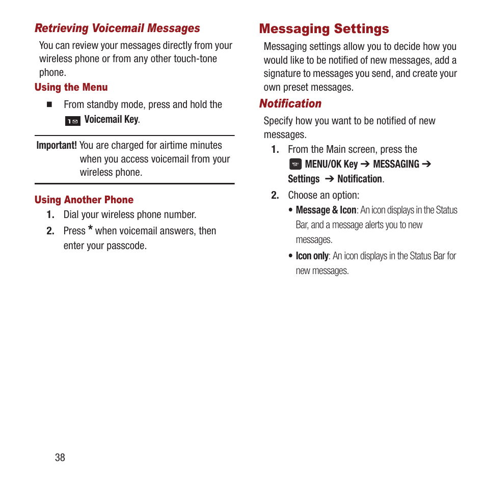 Messaging settings, N, see “messaging settings” on | Samsung SPH-M270ZKAVMU User Manual | Page 42 / 109