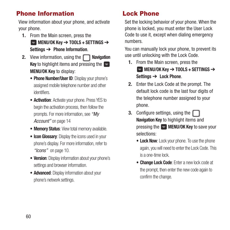 Phone information, Lock phone, Phone information lock phone | Samsung SPH-M270ZKAVMU User Manual | Page 64 / 109