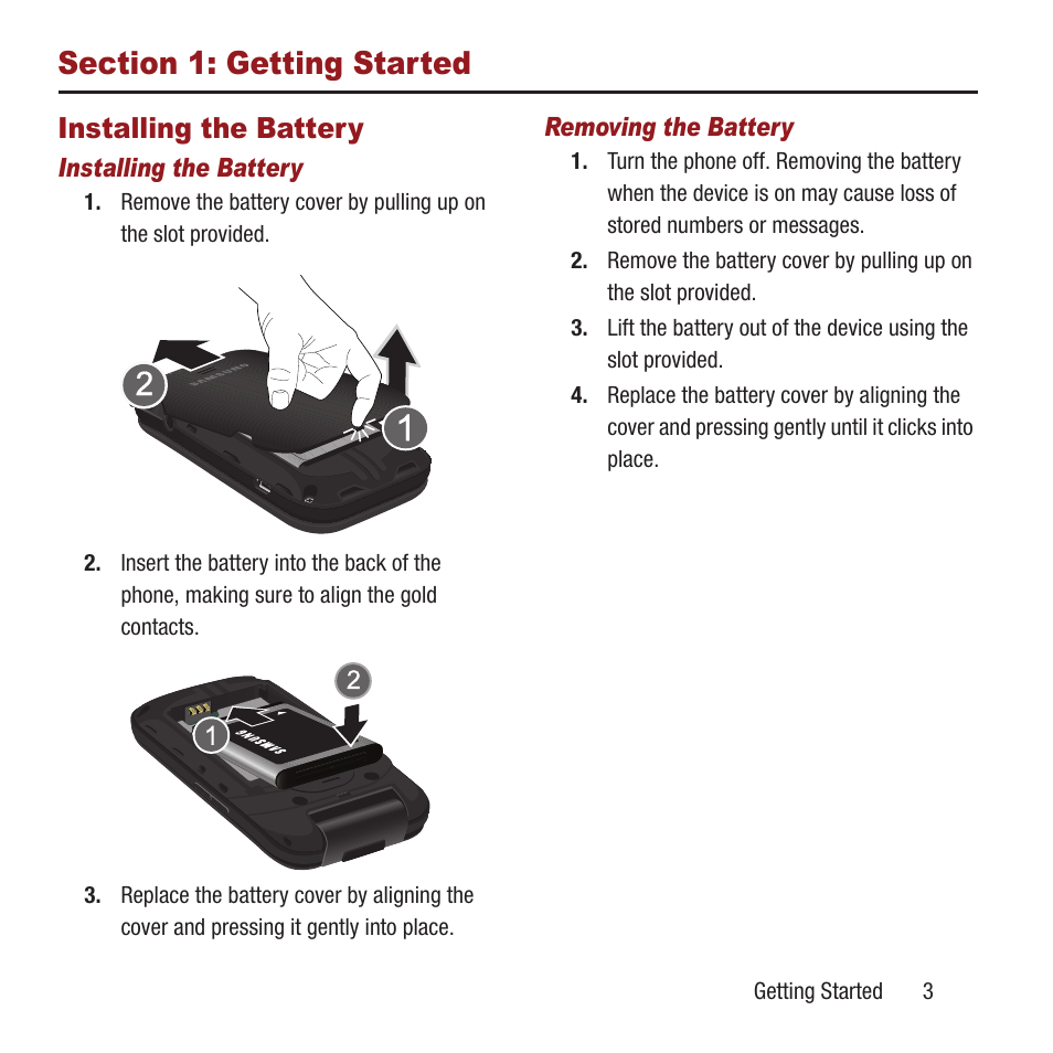 Section 1: getting started, Installing the battery | Samsung SPH-M270ZKAVMU User Manual | Page 7 / 109