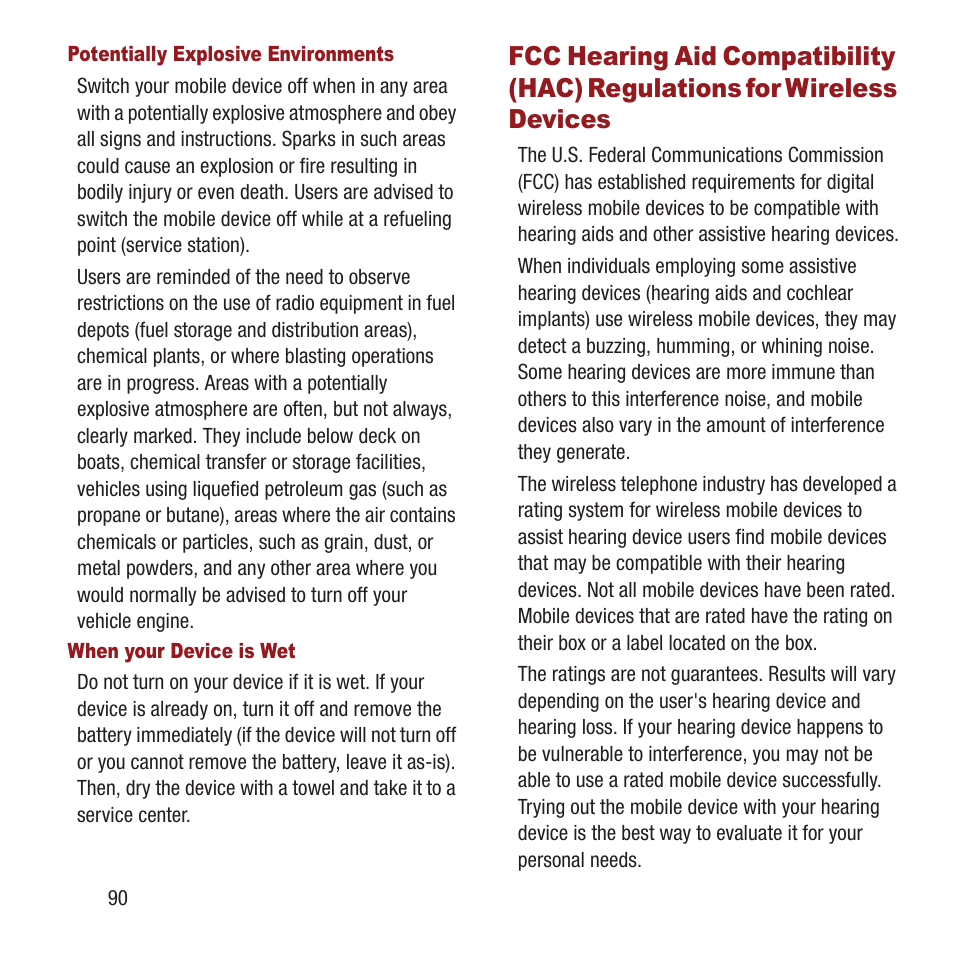 Fcc hearing aid compatibility (hac), Regulations for wireless devices | Samsung SPH-M270ZKAVMU User Manual | Page 94 / 109