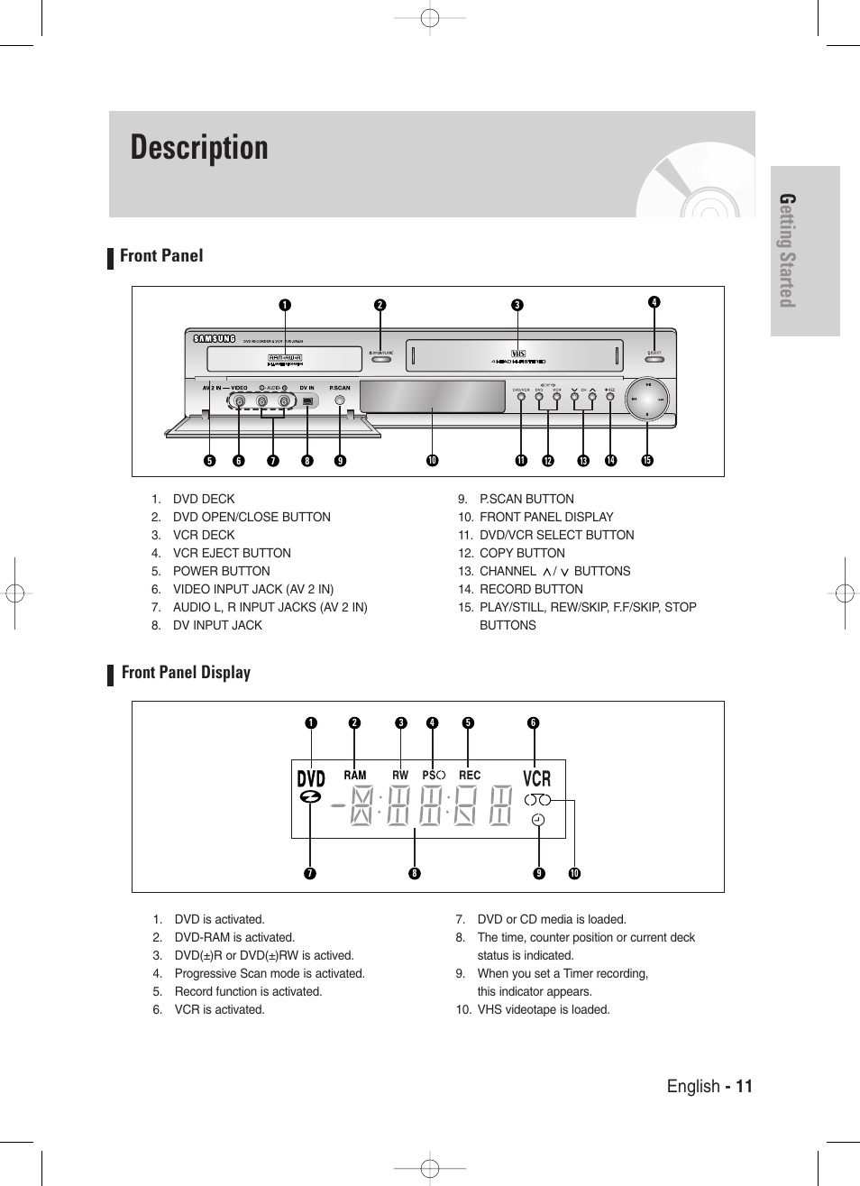 Description, Front panel, Front panel display | Getting started, English - 11 front panel | Samsung DVD-VR329-XAA User Manual | Page 11 / 99