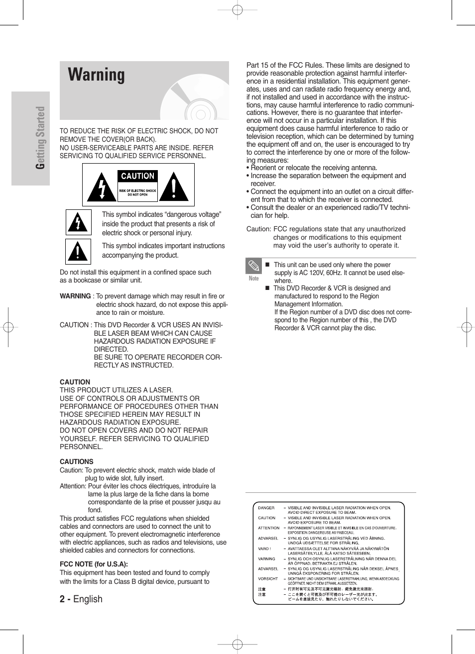 Getting started, Warning, 2 - english | Samsung DVD-VR329-XAA User Manual | Page 2 / 99