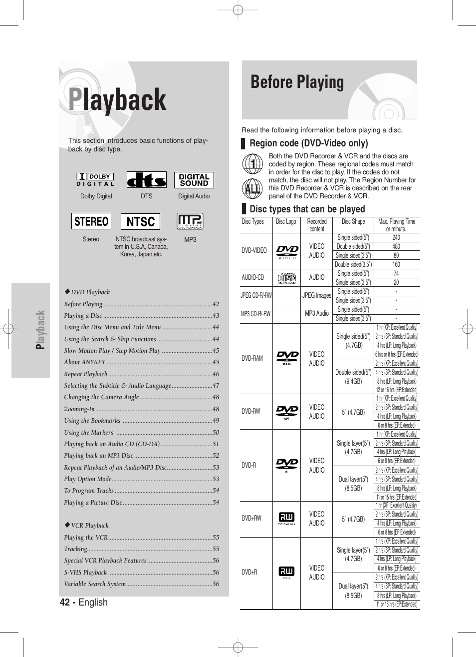 Playback, Before playing, 42 - english | Region code (dvd-video only), Disc types that can be played | Samsung DVD-VR329-XAA User Manual | Page 42 / 99