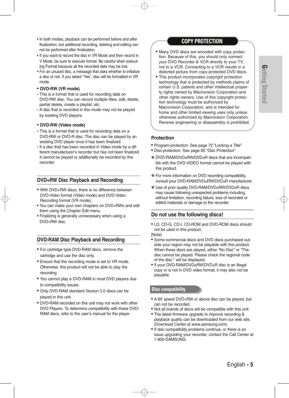 Getting started, English - 5, Copy protection | Samsung DVD-VR329-XAA User Manual | Page 5 / 99