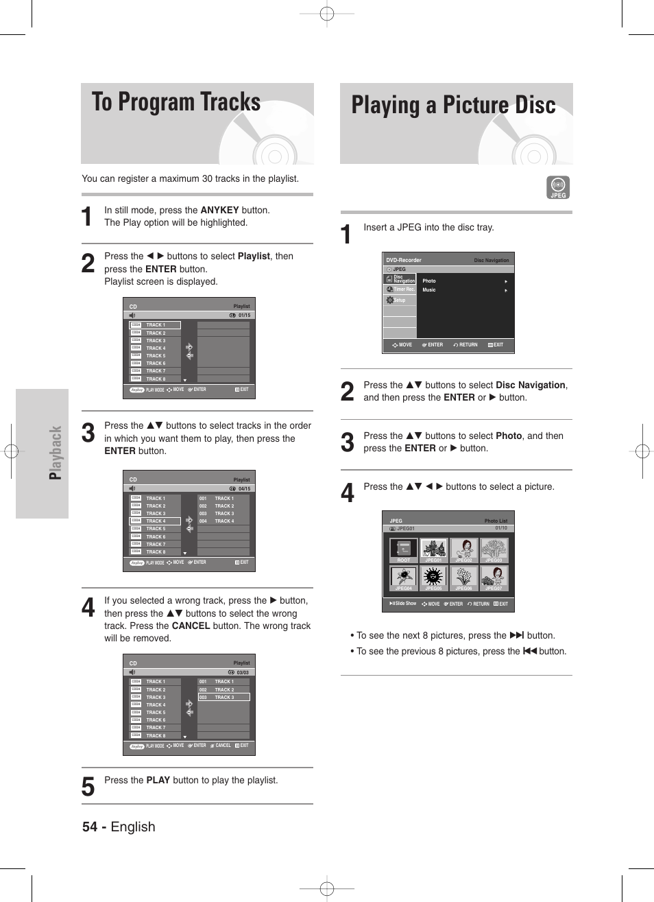 To program tracks, Playing a picture disc, Playback | 54 - english, Press the play button to play the playlist, Insert a jpeg into the disc tray, Œœ button | Samsung DVD-VR329-XAA User Manual | Page 54 / 99