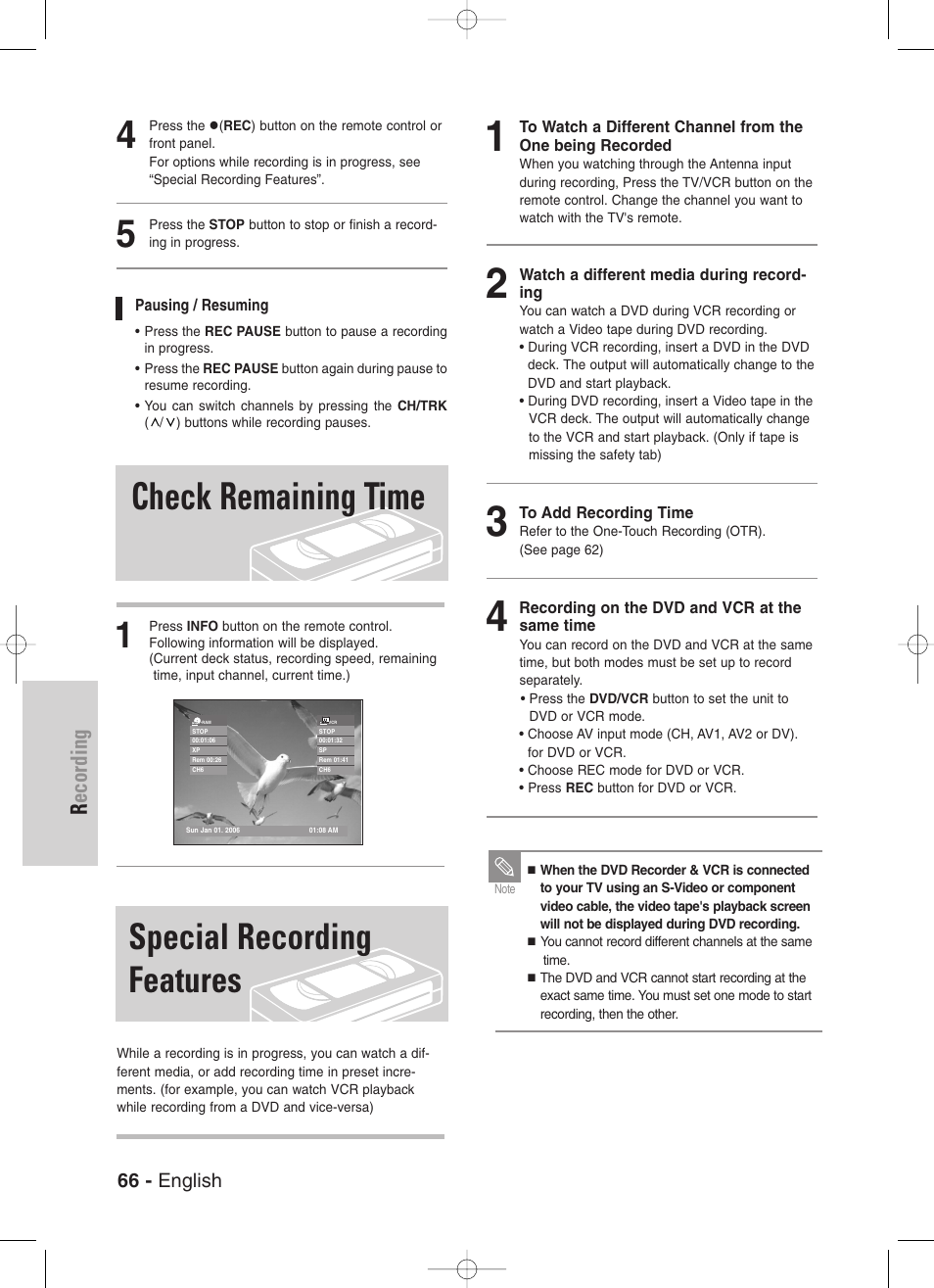 Check remaining time, Special recording features, Recording | Samsung DVD-VR329-XAA User Manual | Page 66 / 99