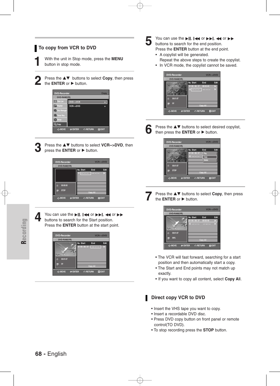 Recording, 68 - english, Direct copy vcr to dvd | You can use the, Œœ or | Samsung DVD-VR329-XAA User Manual | Page 68 / 99