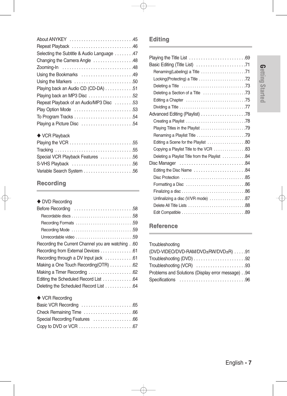 Getting started, English - 7, Recording | Editing, Reference | Samsung DVD-VR329-XAA User Manual | Page 7 / 99