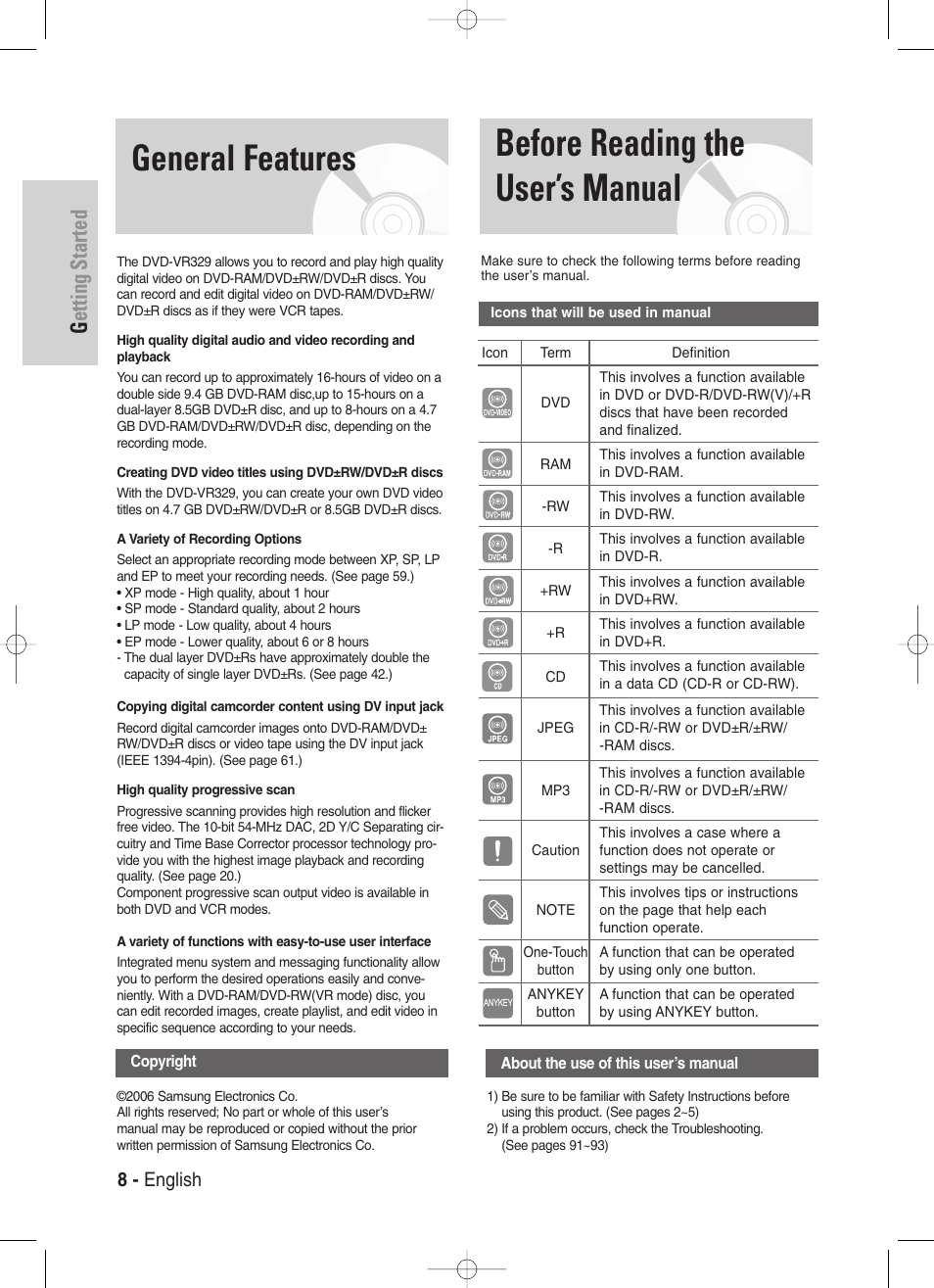 General features, Before reading the user’s manual, Getting started | 8 - english | Samsung DVD-VR329-XAA User Manual | Page 8 / 99