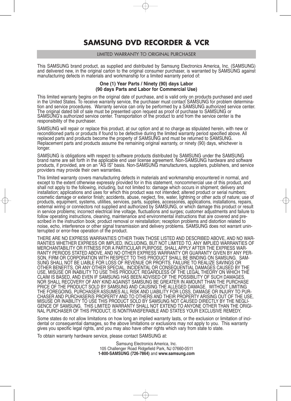 Samsung dvd recorder & vcr | Samsung DVD-VR329-XAA User Manual | Page 97 / 99