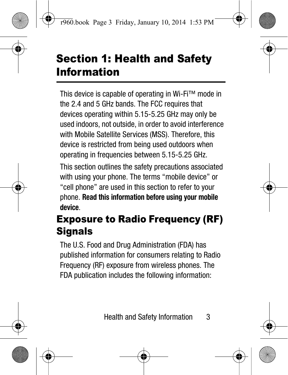 Section 1: health and safety, Information, Exposure to radio frequency (rf) signals | Samsung SCH-R960ZKAUSC User Manual | Page 11 / 87