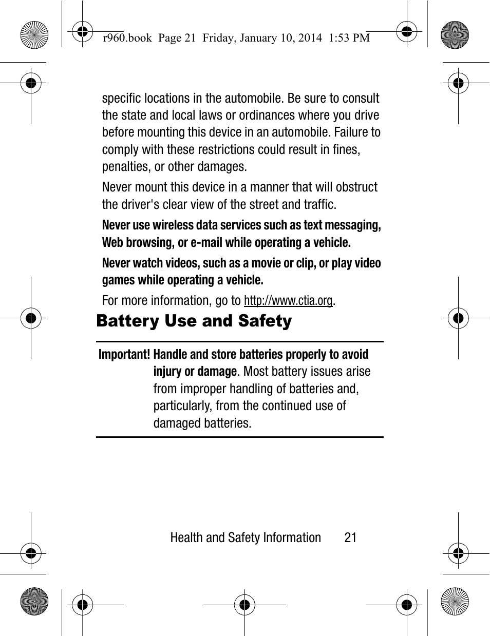 Battery use and safety | Samsung SCH-R960ZKAUSC User Manual | Page 29 / 87