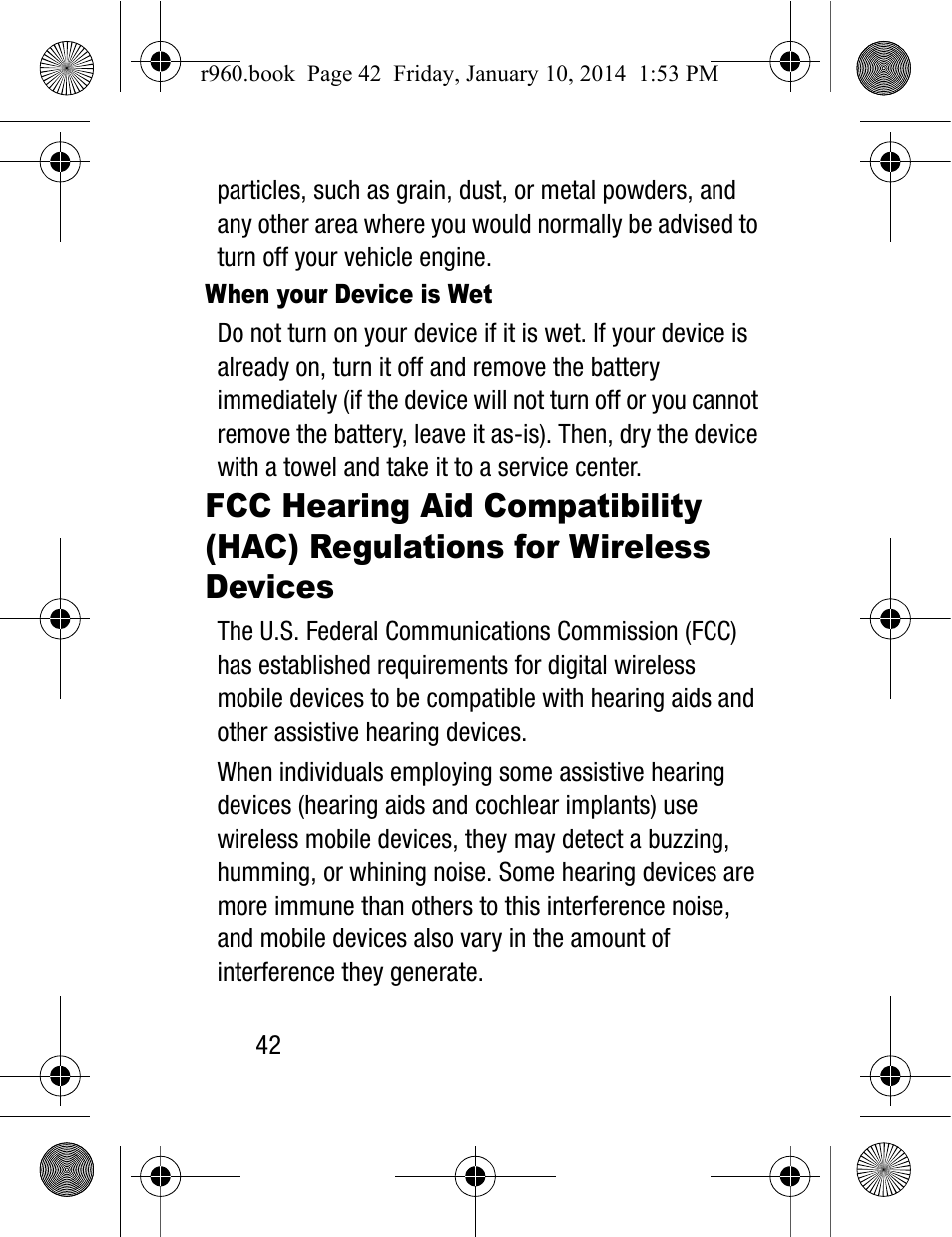 Fcc hearing aid compatibility (hac), Regulations for wireless devices | Samsung SCH-R960ZKAUSC User Manual | Page 50 / 87