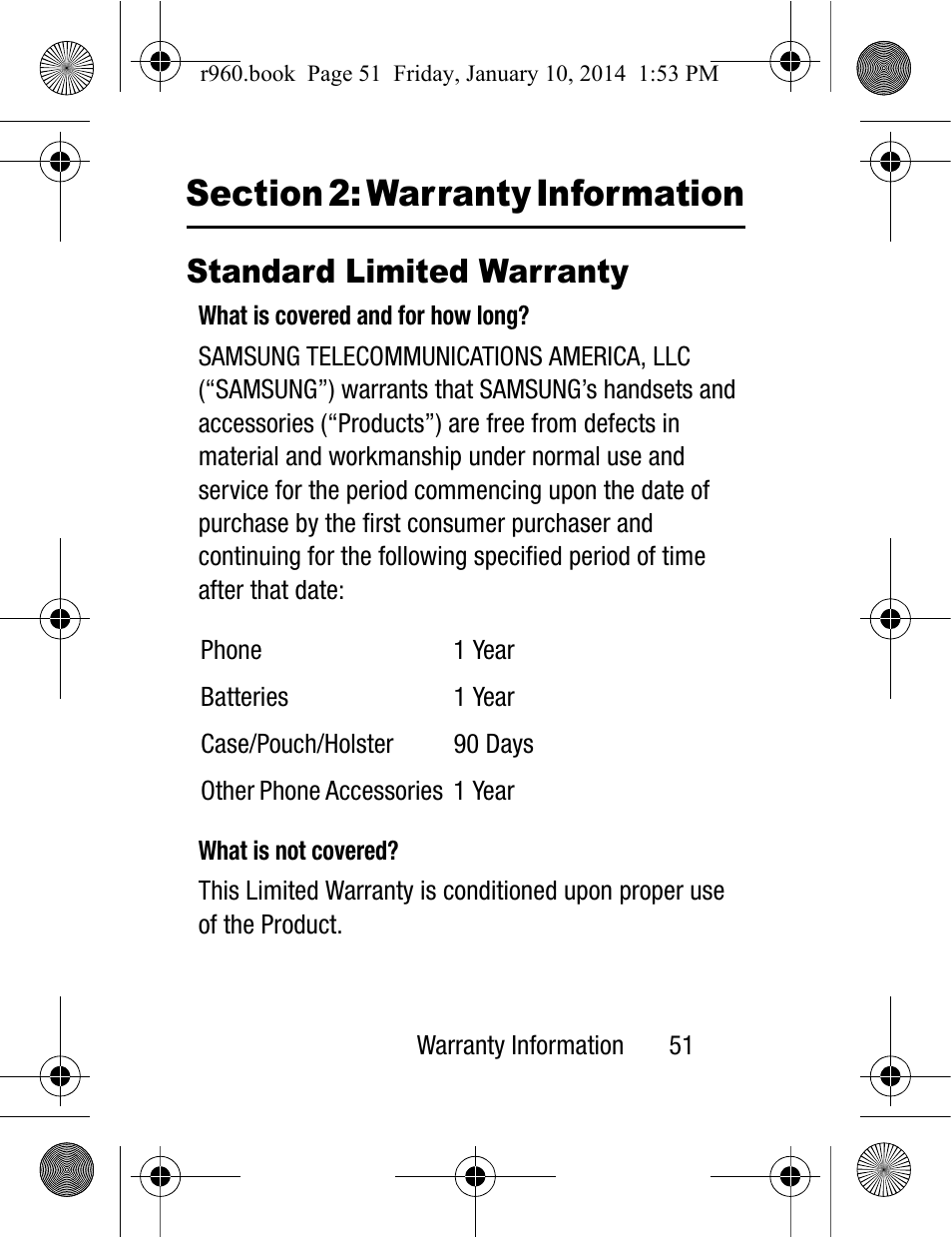 Section 2: warranty information, Standard limited warranty | Samsung SCH-R960ZKAUSC User Manual | Page 59 / 87