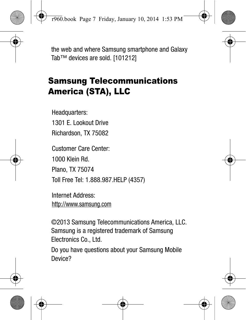 Samsung telecommunications america (sta), llc | Samsung SCH-R960ZKAUSC User Manual | Page 7 / 87