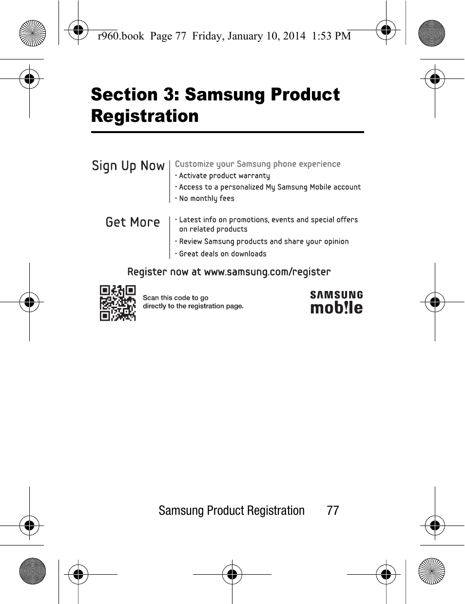 Section 3: samsung product, Registration | Samsung SCH-R960ZKAUSC User Manual | Page 85 / 87