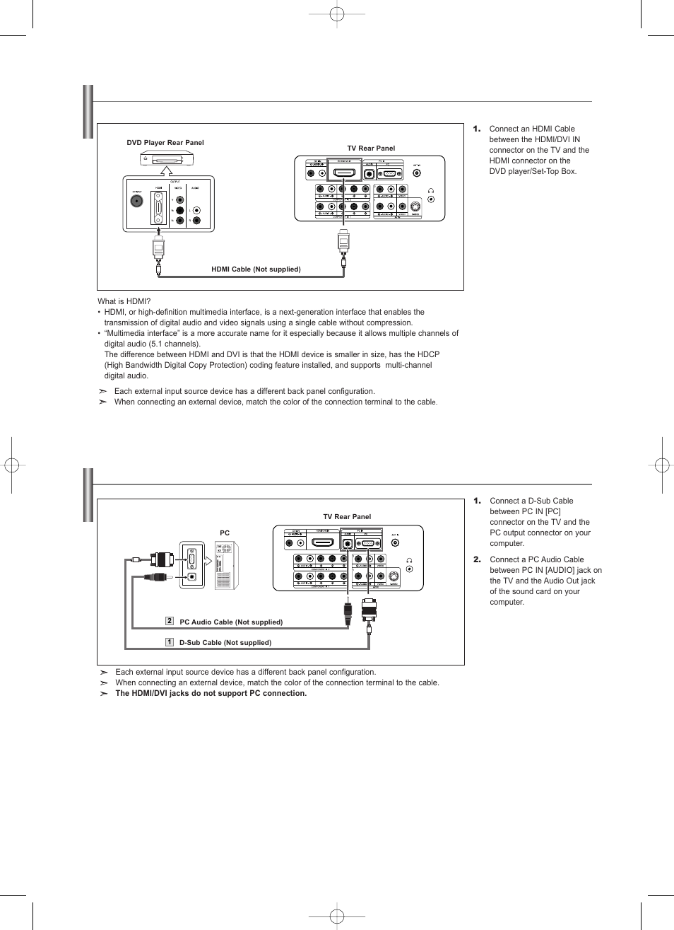 Connecting a dvd player/set-top box via hdmi, Connecting a pc | Samsung LNS2338WX-XAA User Manual | Page 12 / 77