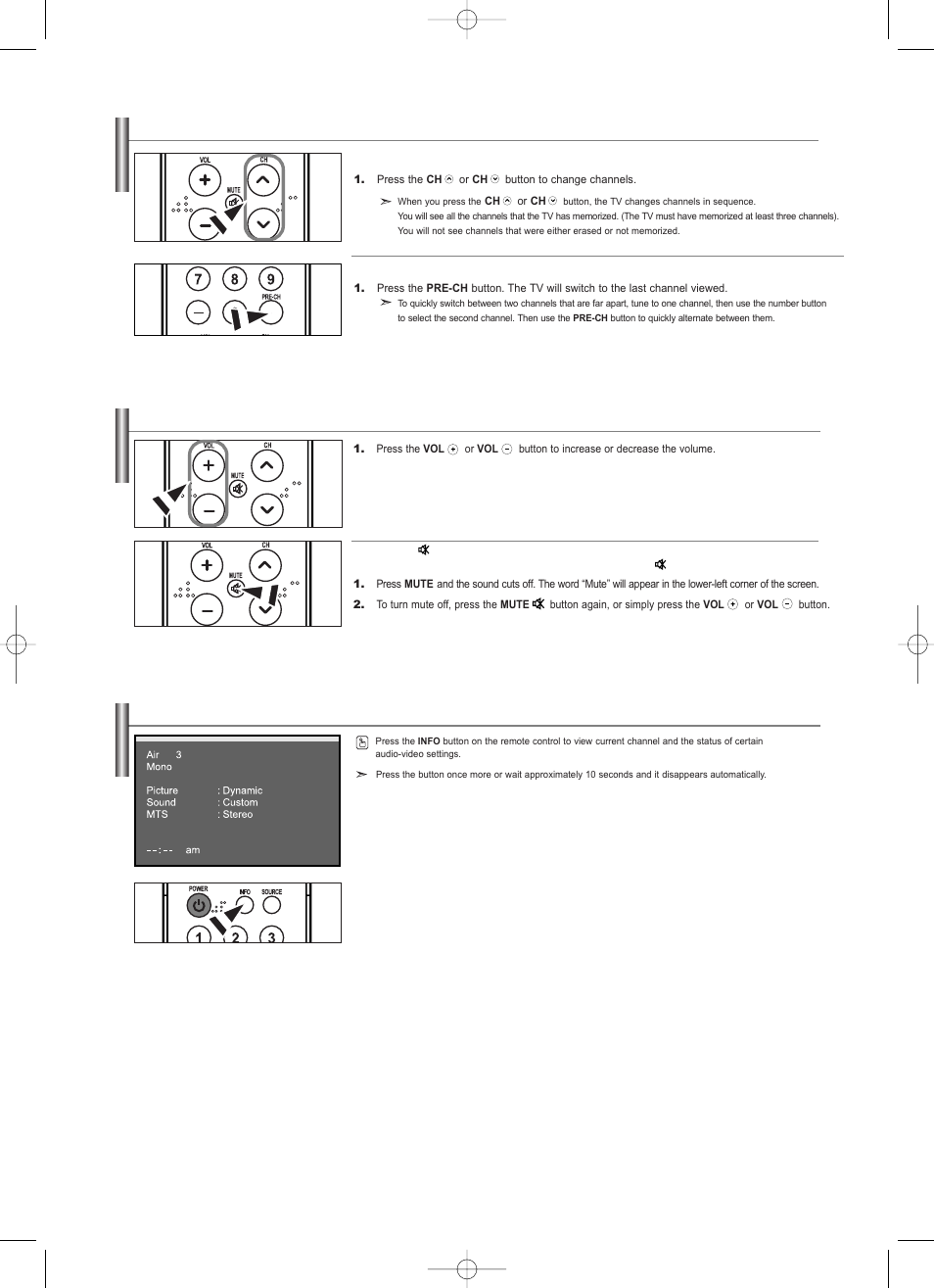 Changing channels, Adjusting the volume, Viewing the display | Samsung LNS2338WX-XAA User Manual | Page 14 / 77