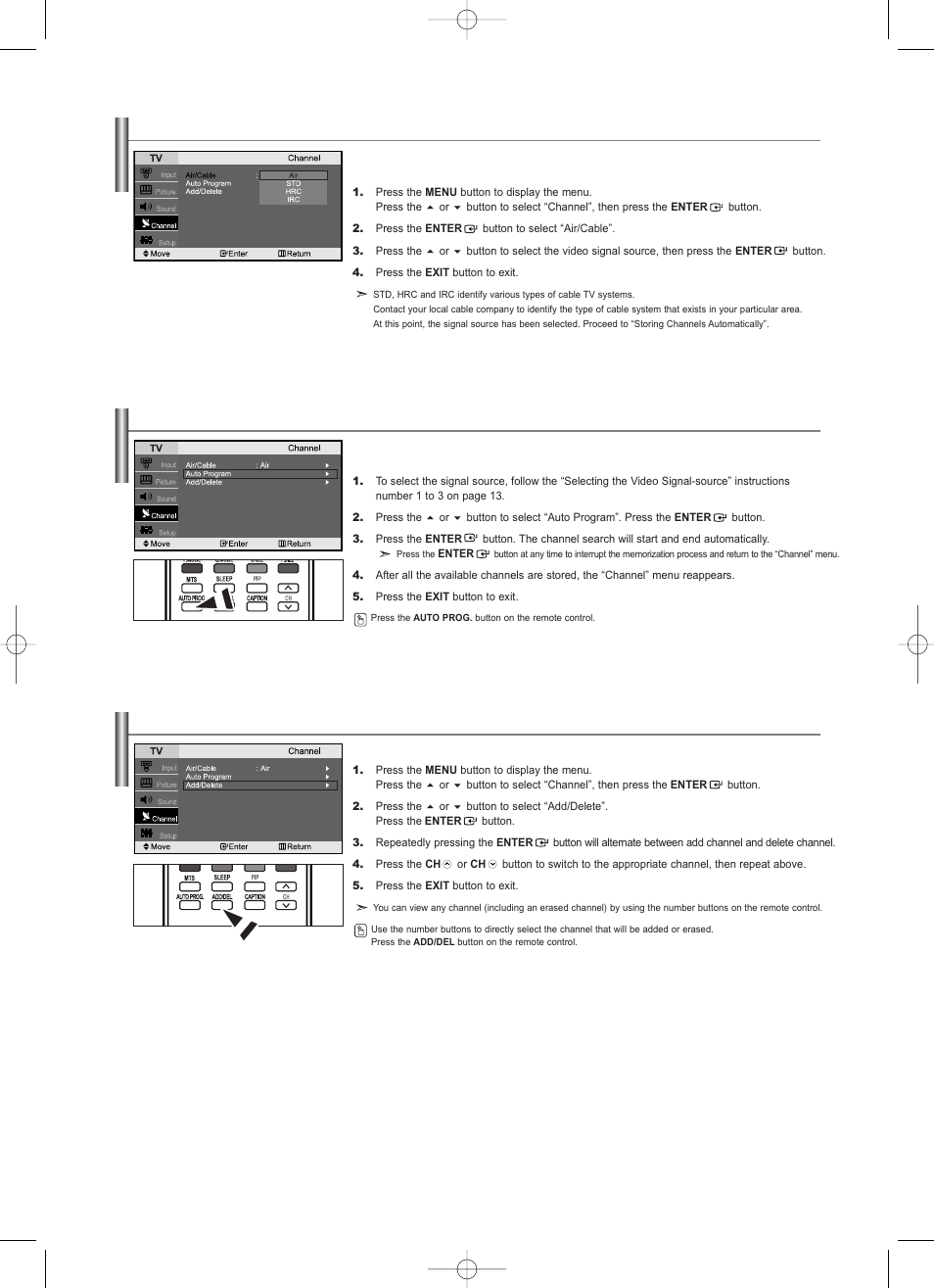 Selecting the video signal-source, Storing channels automatically, Storing channels manually | Samsung LNS2338WX-XAA User Manual | Page 15 / 77