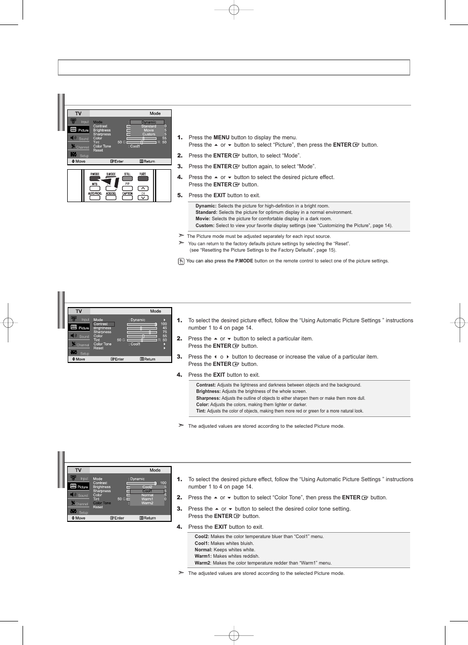 Picture control, Using automatic picture settings, Customizing the picture | Adjusting the color tone | Samsung LNS2338WX-XAA User Manual | Page 16 / 77
