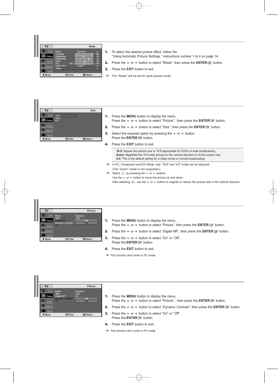 Changing the picture size, Setting the digital noise reduction (digital nr), Dynamic contrast | Samsung LNS2338WX-XAA User Manual | Page 17 / 77