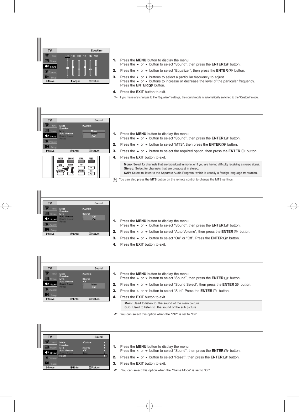 Customizing the sound, Choosing a multi-channel sound (mts) soundtrack, Using the auto volume | Listening to the sound of the sub (pip) picture | Samsung LNS2338WX-XAA User Manual | Page 19 / 77