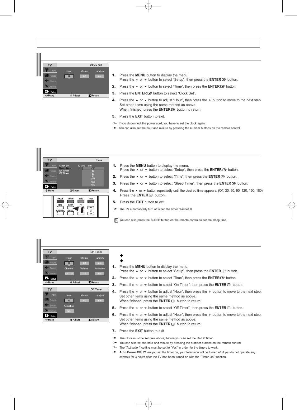 Time setting, Setting the clock, Setting the sleep timer | Setting the on/off timer, Setting the sleep timer setting the on/off timer | Samsung LNS2338WX-XAA User Manual | Page 20 / 77