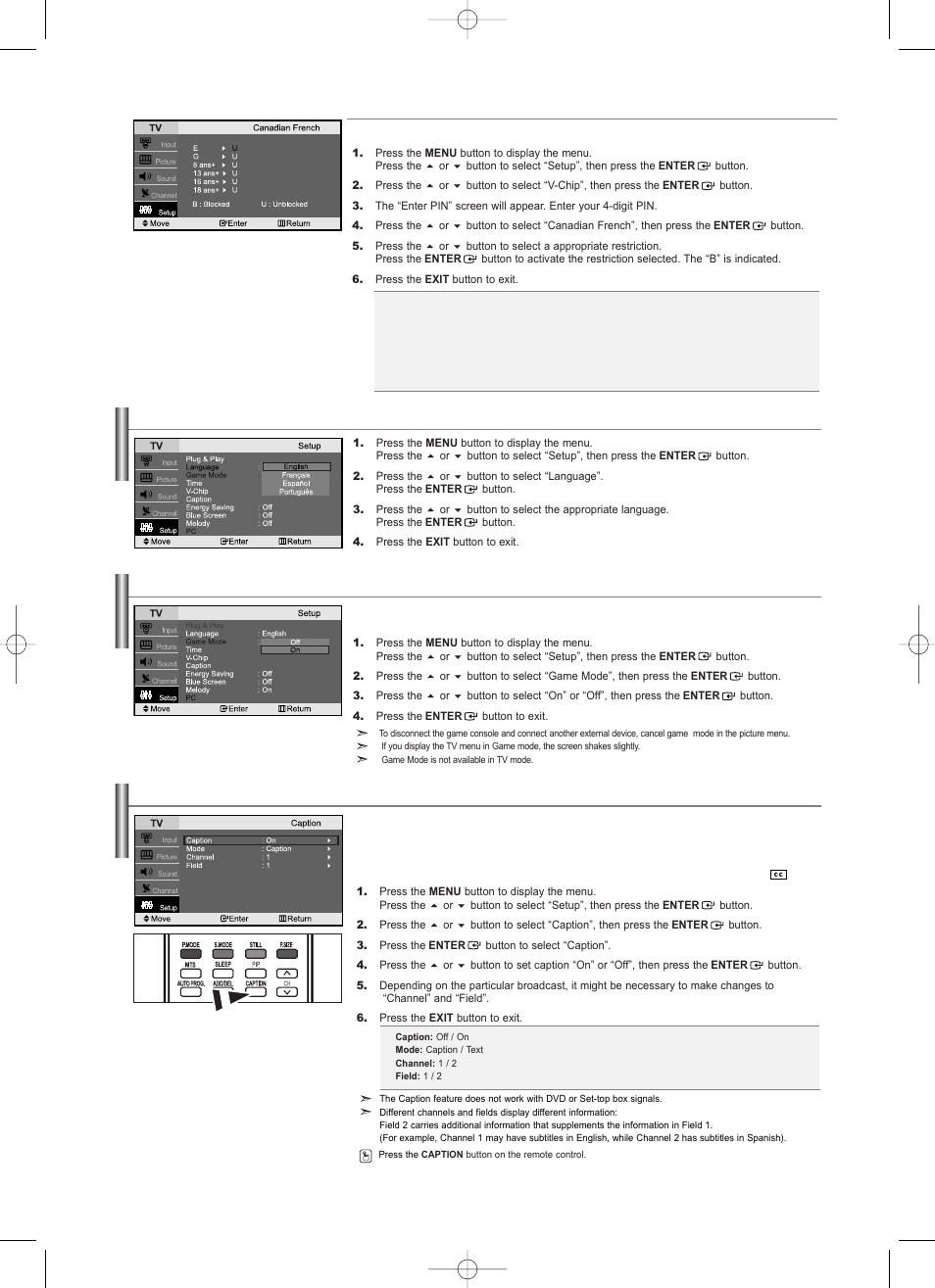 Selecting a menu language, Using game mode, Viewing closed captions | Samsung LNS2338WX-XAA User Manual | Page 23 / 77