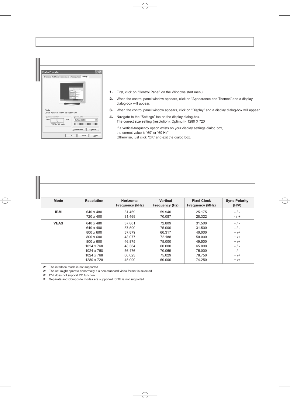 Pc display, Setting up your pc software (based on windows xp), Display modes | Samsung LNS2338WX-XAA User Manual | Page 25 / 77