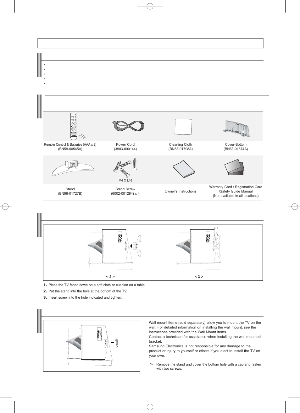 General information, List of features, Accessories | Installing the stand, Installing the wall mount kit | Samsung LNS2338WX-XAA User Manual | Page 4 / 77